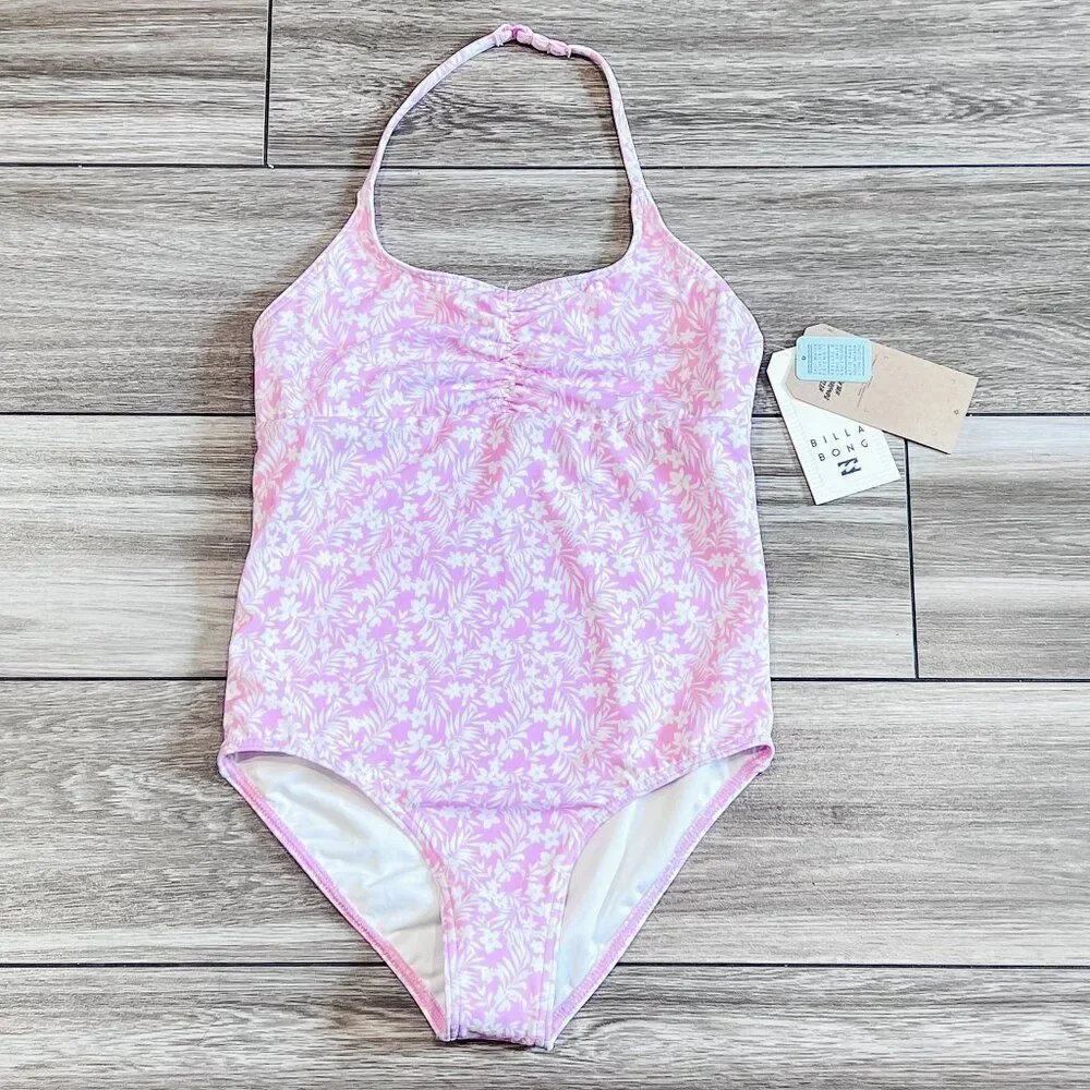 NWT! Billabong Girls Sweet Waves Pink Dream Halter One Piece Swimsuit Size 10